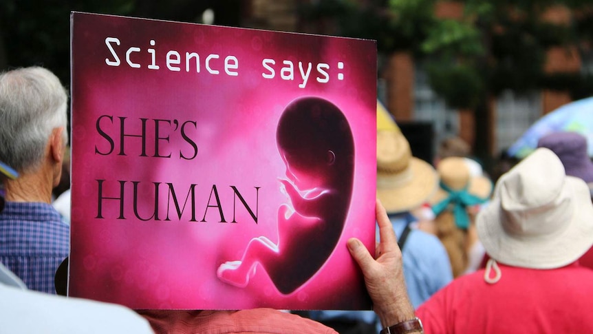 Back view of man holding up 'Science says she's human' sign at an anti-abortion rally, March 18th, 2018, Brisbane CBD.