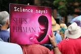 Back view of man holding up 'Science says she's human' sign at an anti-abortion rally, March 18th, 2018, Brisbane CBD.