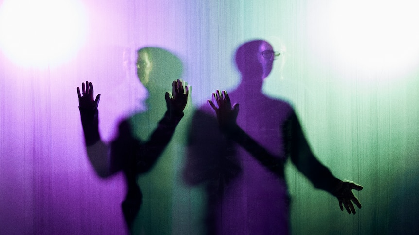 The Chemical Brothers pose behind a screen, their overlapping shadows playing upon its multi-coloured surface