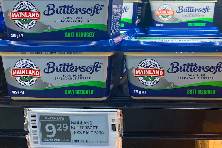 An image of Mainland butter on a supermarket shelf, the price is $9.20 for 375 grams. 