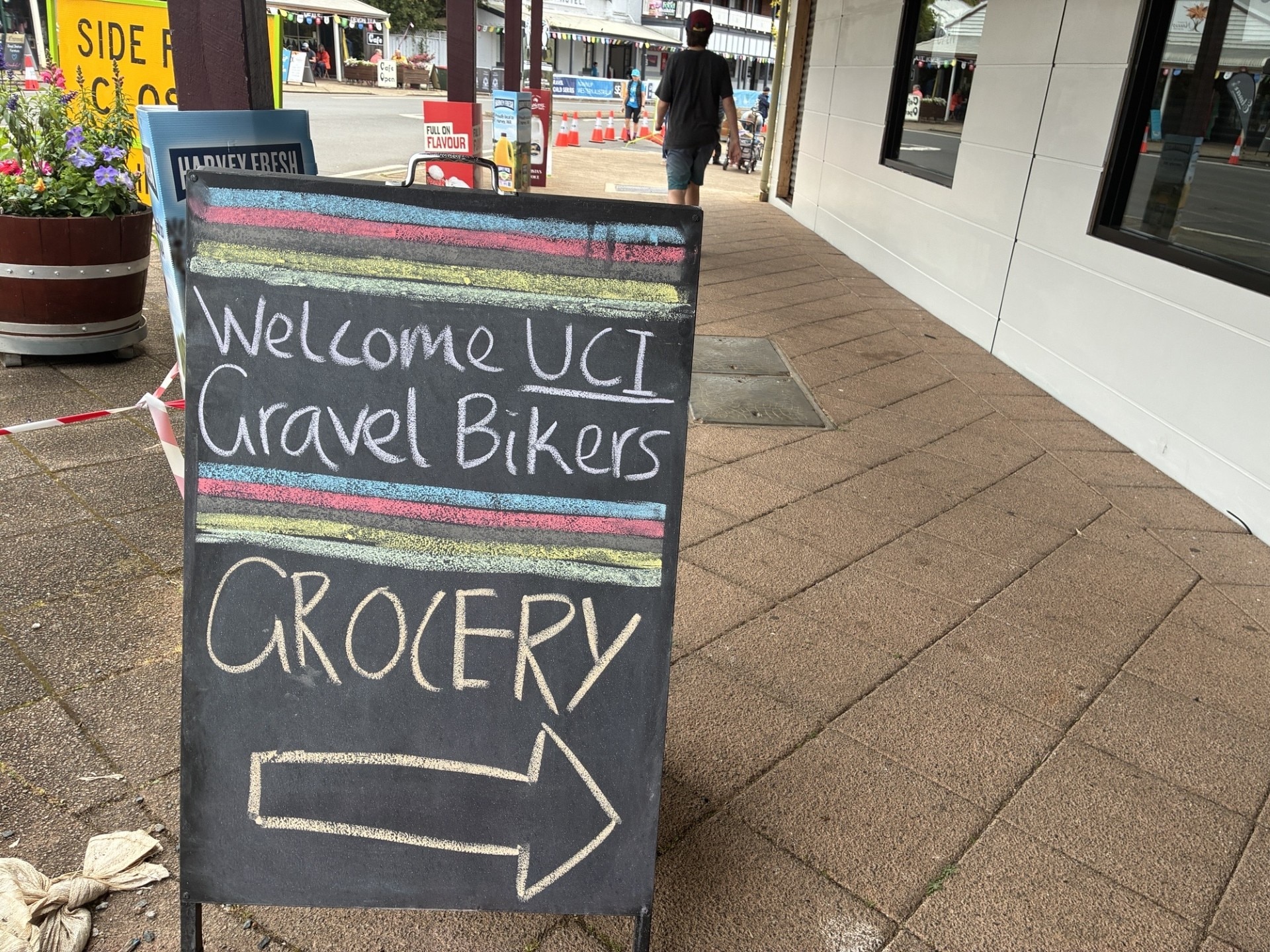 A sign outside the grocery shop in Nannup, welcoming the cyclists.