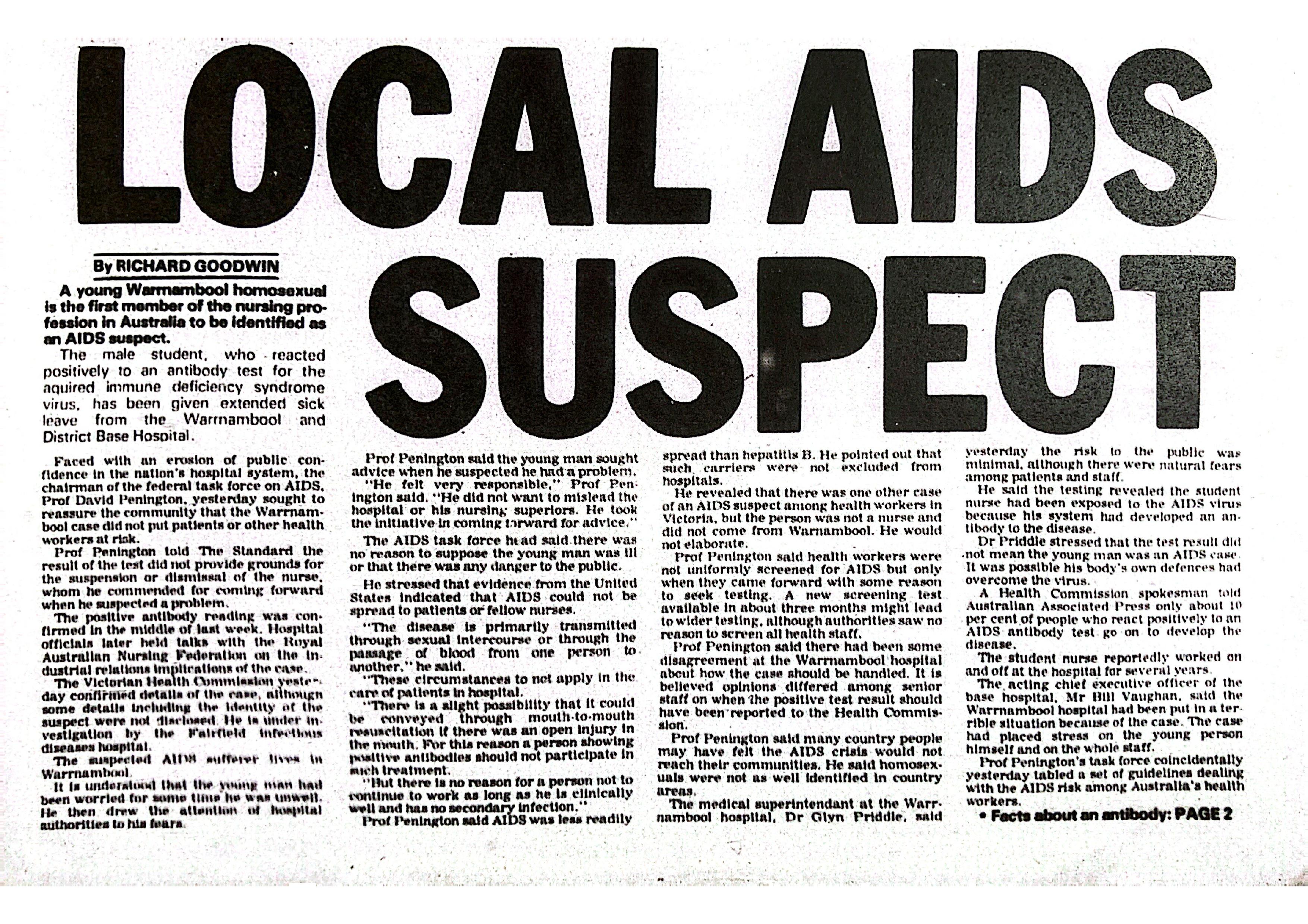 The front page of a newspaper with a headline reading 'LOCAL AIDS SUSPECT'.