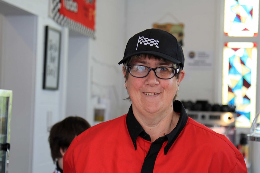 Anne at the counter of the Car Yard Cafe