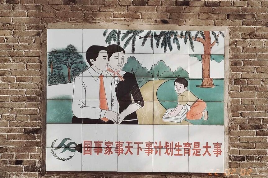 一副海报上画着一对夫妇和一个孩子
