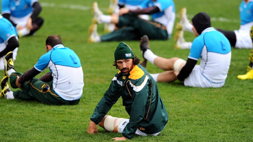 Victor Matfield looks around during a South Africa training session at the IRB Rugby World Cup
