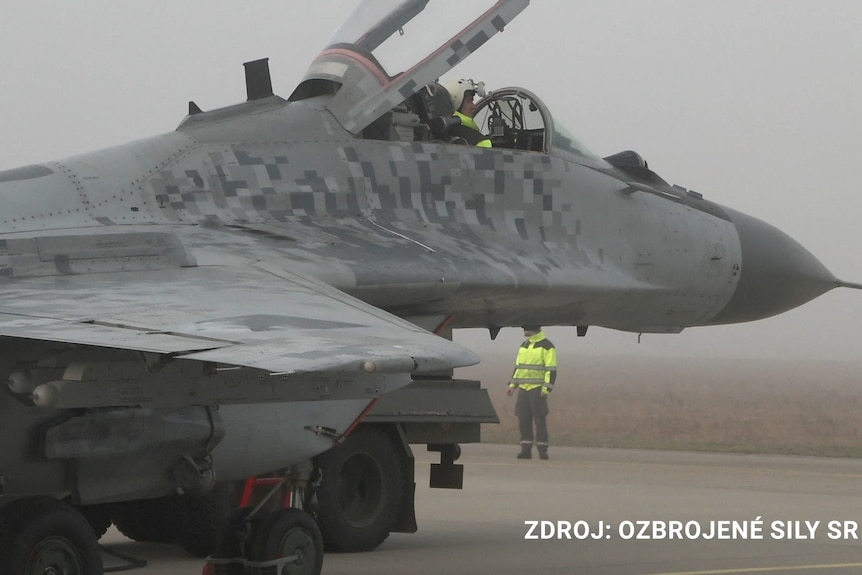 A Slovak MiG-29 jet is seen at Silac Air Base in Slovakia.