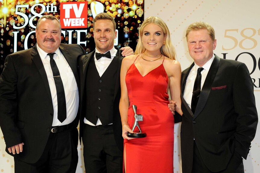 The NRL Footy Show hosts Darryl Brohman, Beau Ryan, Erin Molan and Paul Vautin at the 2016 Logies in Melbourne.