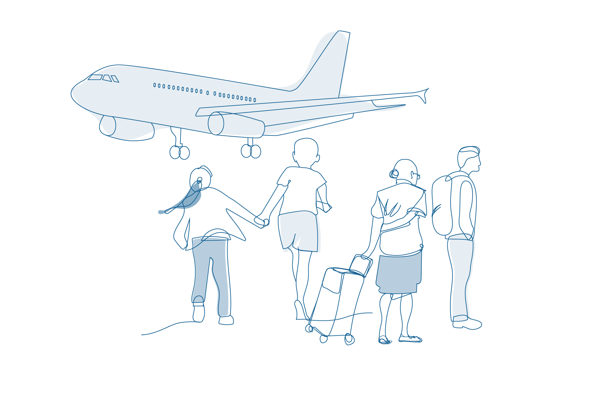 Line drawing of people waiting for aeroplane.