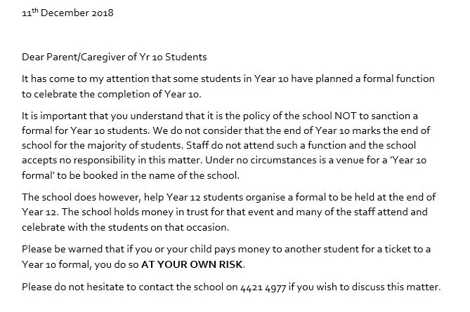 Image of letter sent to Nowra High parents.