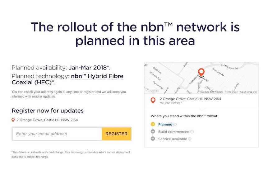 A screenshot of the NBN address tracker tool, showing that the rollout of the NBN is planned in Castle Hill, NSW.