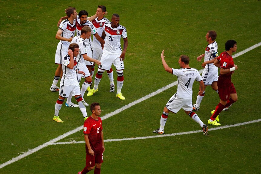 Germany celebrates a Thomas Mueller goal