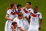 Germany celebrates a Thomas Mueller goal