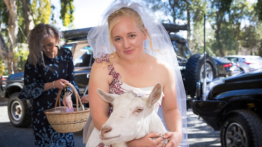 A bride hugs a goat