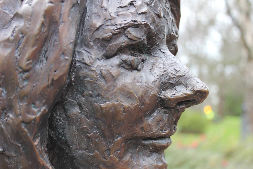 A close-up of a bronze portrait of former prime minister Julia Gillard in Ballarat.