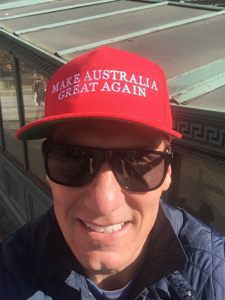 Cory Bernardi wearing a "Make Australia Great Again" hat.