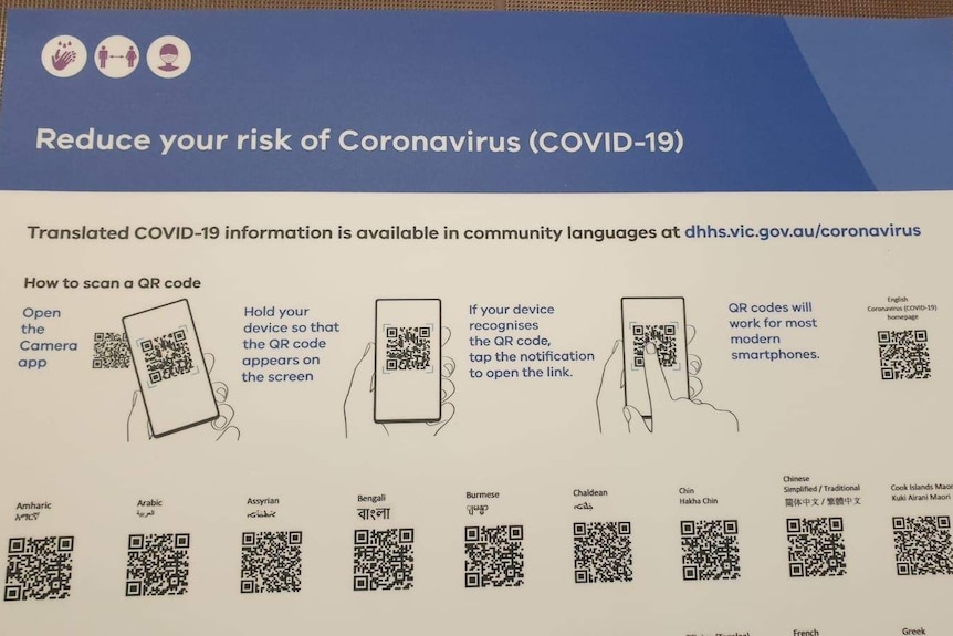A blue and white poster with details about translation services for COVID information.