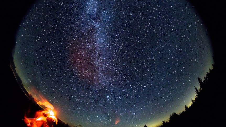 A fish eye view of the sky, lots of stars and darkness in the frame.