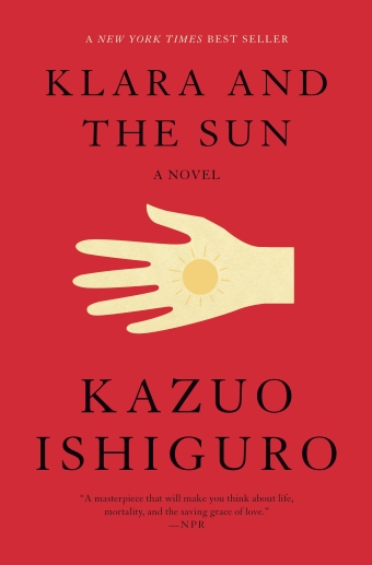 The book cover of Klara and the Sun by Kazuo Ishiguro, red background and an illustrated pale hand with a sun on it
