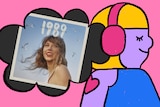 Illustration of a smiling person with headphones on has a thought bubble showing a Taylor Swift 1989 album cover.