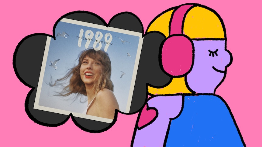 Illustration of a smiling person with headphones on has a thought bubble showing a Taylor Swift 1989 album cover.