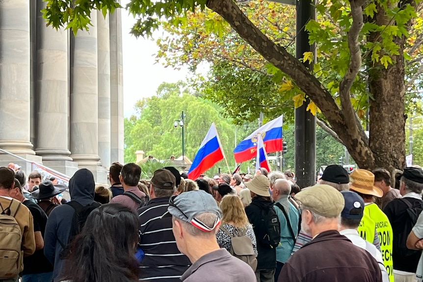 Russian flags at an anti-vaccination rally in Adelaide.