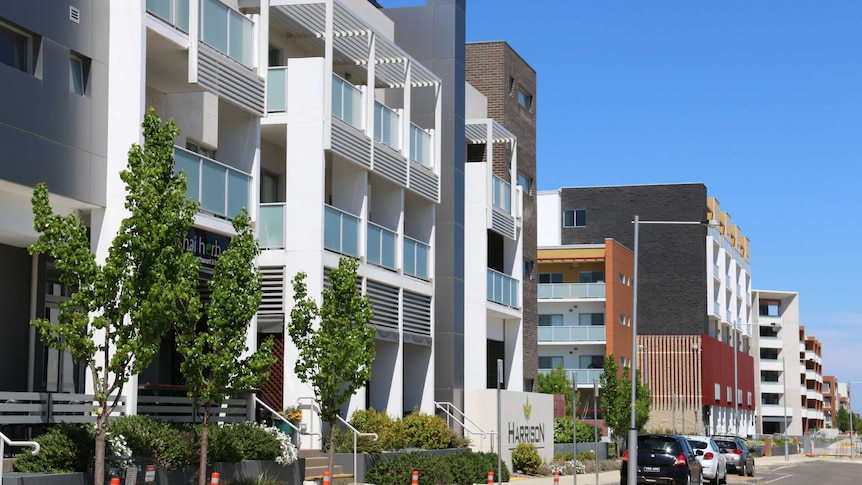 A row of new apartment blocks in the suburb of Harrison, Gungahlin, ACT.