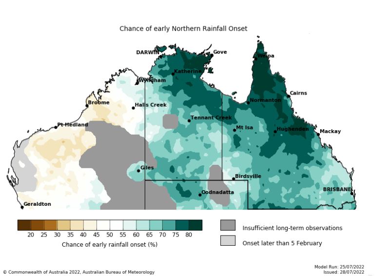 A map of the northern half of Australia, with parts of the NT and Qld showing a early rainfall onset. 