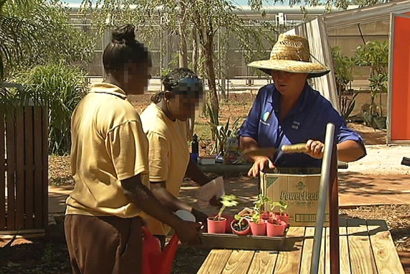 Susan O'Connell from the EON foundation takes prisoners through a planting and healthy eating workshop