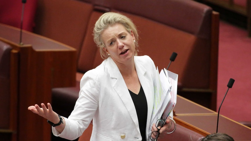 Bridget McKenzie looks across the room and holds her arms in a shrug while also carrying binders