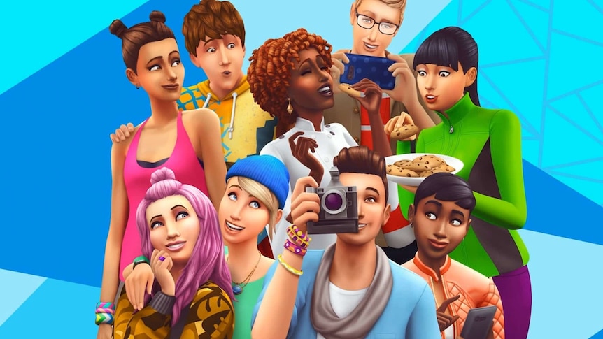 A diverse cast of characters from The Sims 4, in a variety of poses and actions, against a stylized blue backdrop