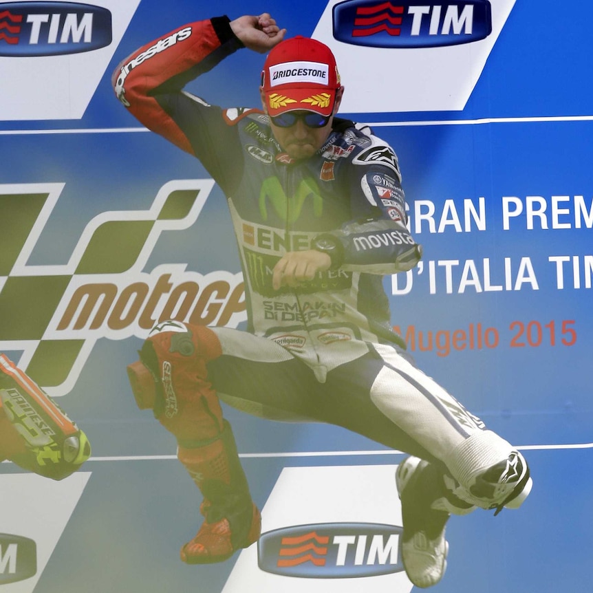 Jorge Lorenzo celebrates his MotoGP win in Italy