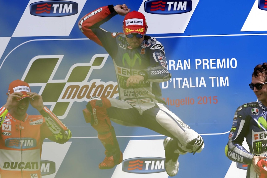 Jorge Lorenzo celebrates his MotoGP win in Italy