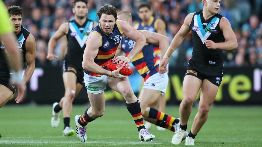Patrick Dangerfield on ball for Adelaide against Port Adelaide at Adelaide Oval on July 19, 2015.