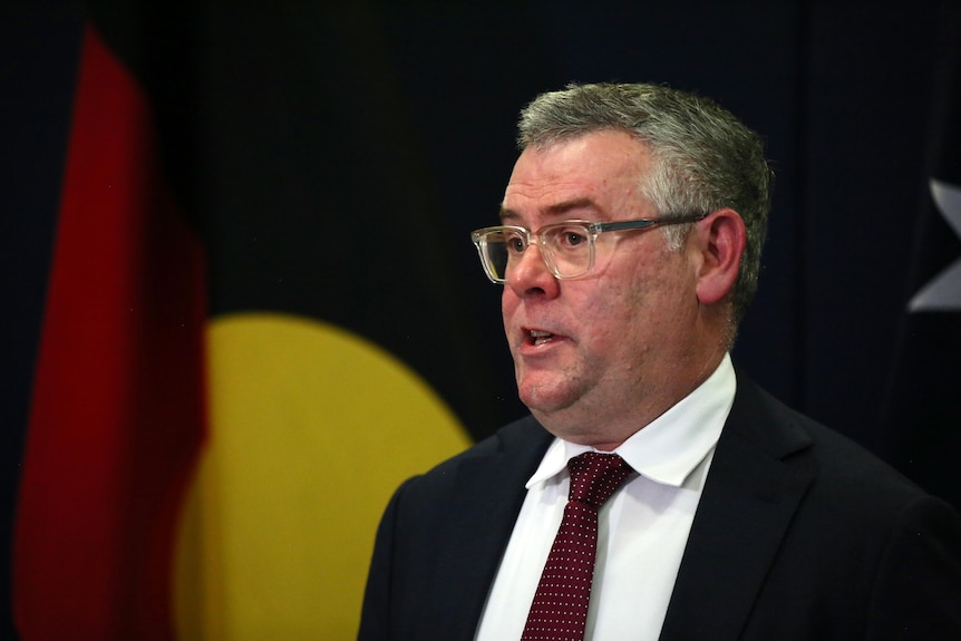 A middle-aged caucasian man in a dark suit and red tie faces to the left while speaking. Behind him is an Aboriginal flag. 