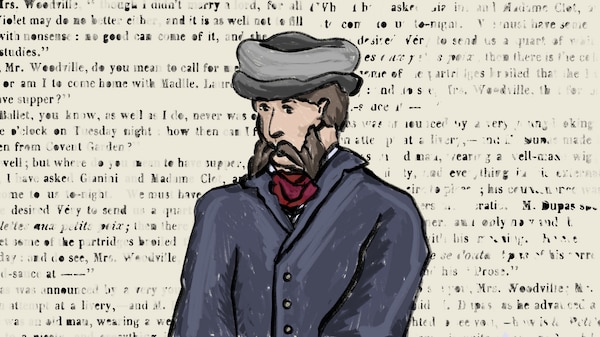 An illustration of a well-dressed 18th century man with words in the background
