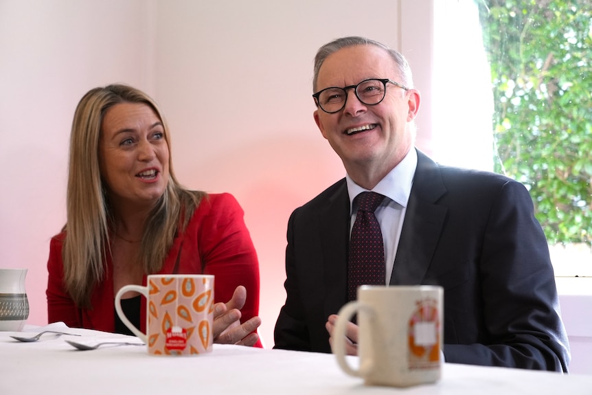 Anthony Albanese and Jodie Haydon sit with tea mugs laughing