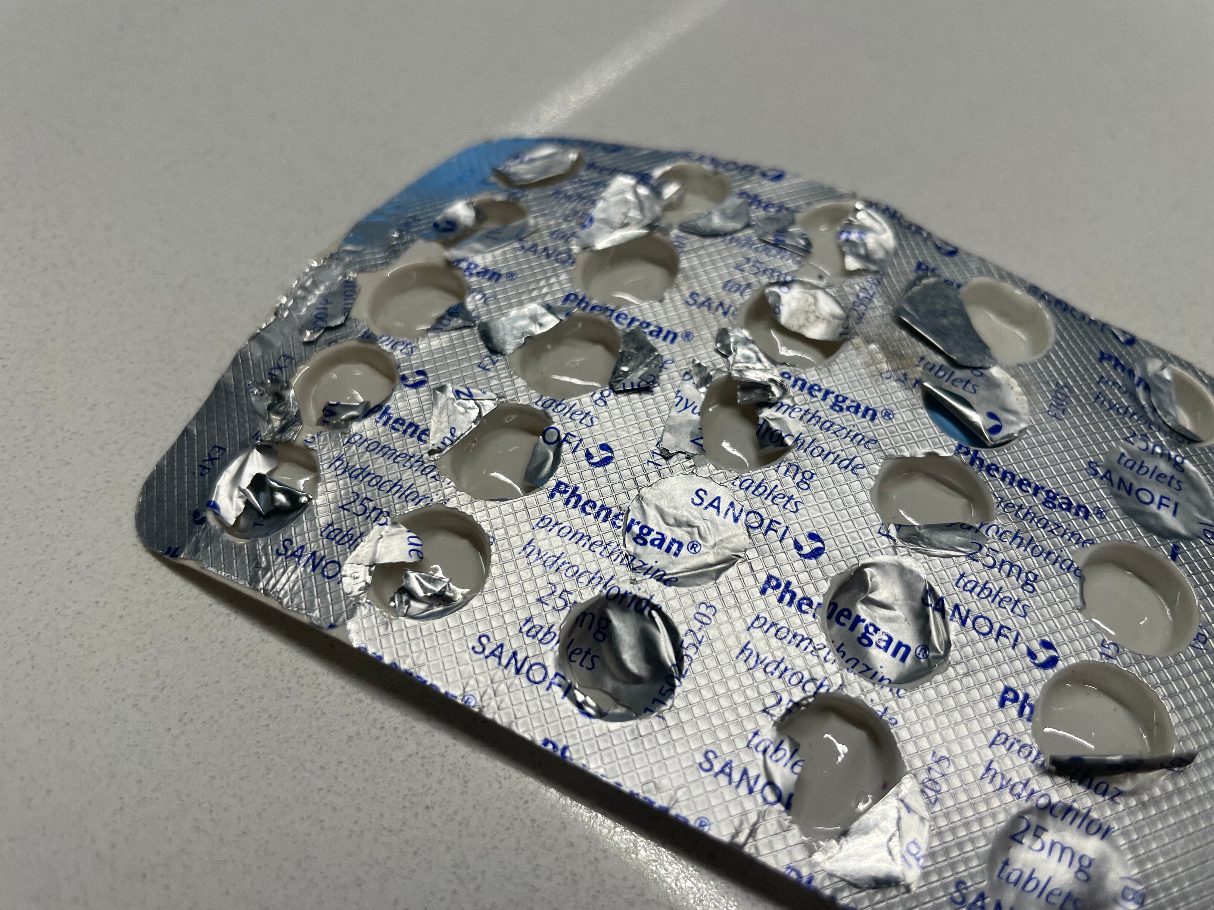 A nearly empty packet of Phenergan tablets in a blister packet. 