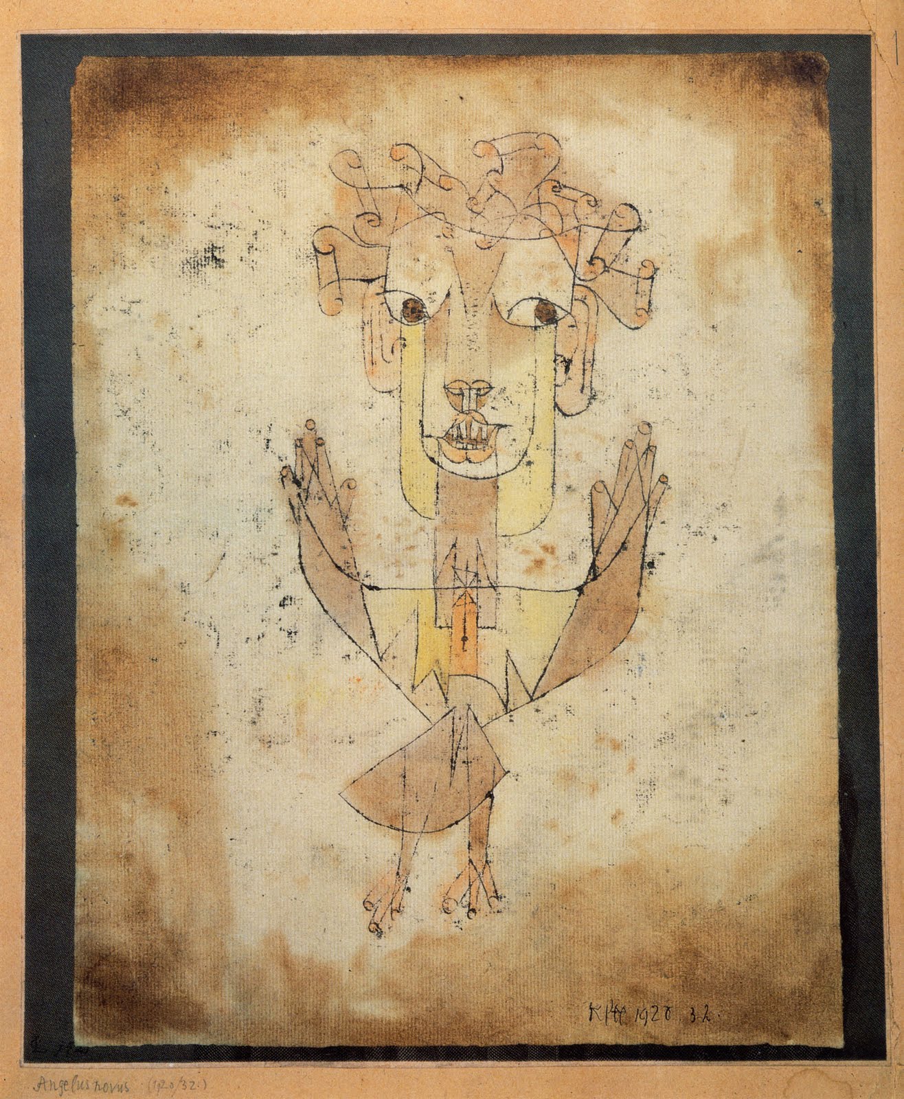 An image of Paul Klee's print Angelus Novus, a drawing of an angel on a sepia-toned background
