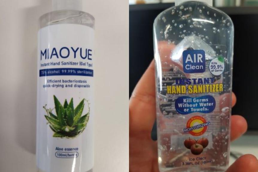 Dos botellas de desinfectante de manos, una marca Miaoyue y una marca Air Clean, ambas dicen que matan el 99,9% de los gérmenes.