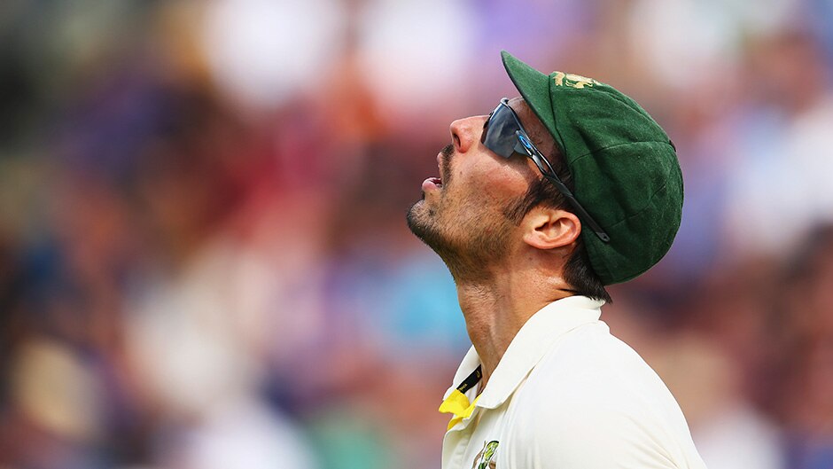 Mitchell Johnson stares at the sky during the first Ashes test in Cardiff in 2015.