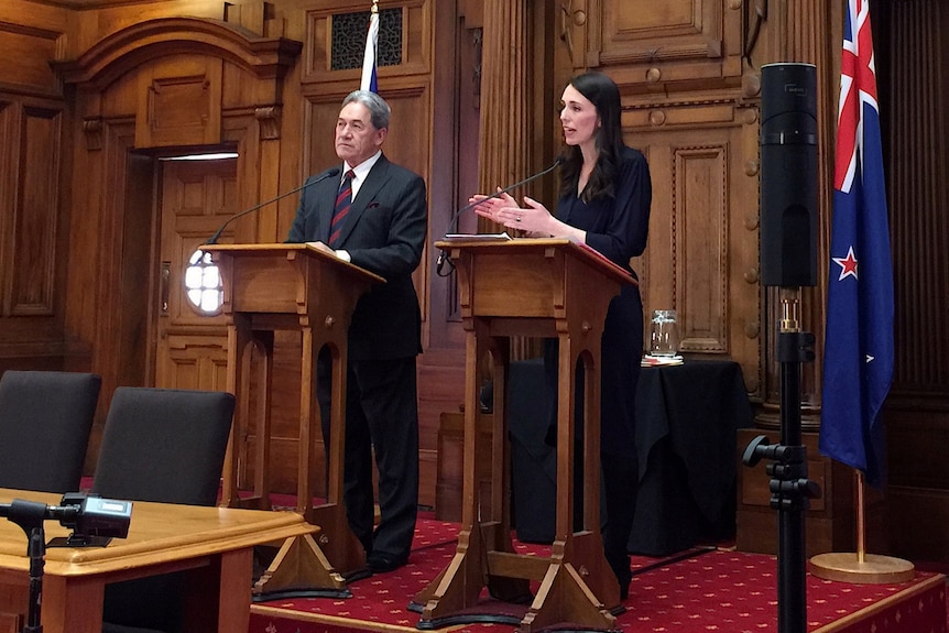 The two leaders stand at lecterns. 