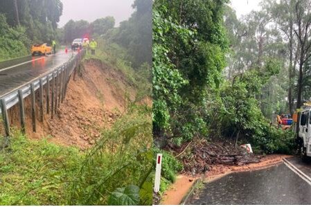 Landslips undermine road and fallen trees close road.