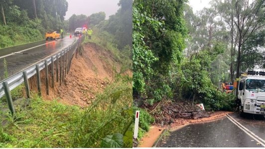 A composite image of a road damaged by a landslip, and another image of the road further damaged, with a roadwork truck visib
