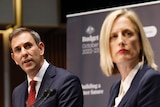 Jim Chalmers and Katy Gallagher at a press conference on budget day