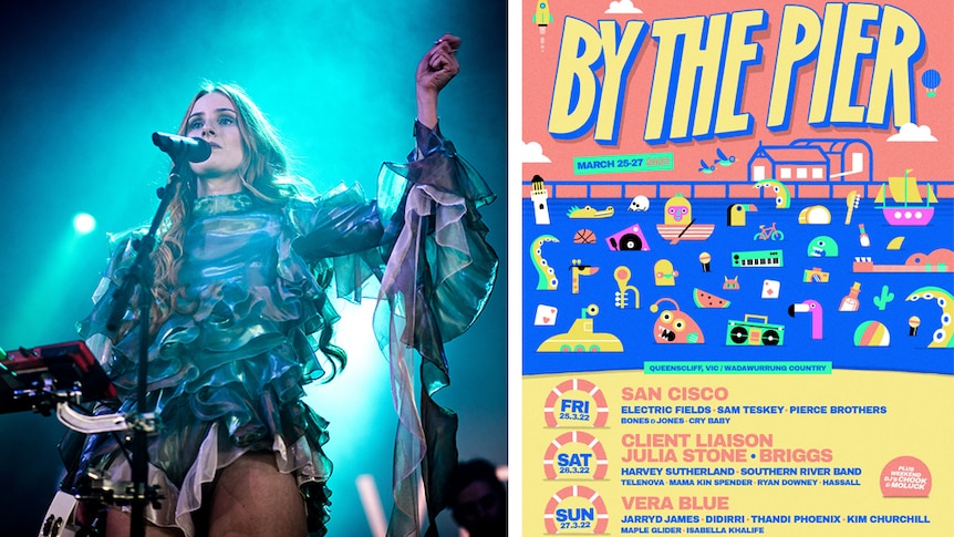A shot of Vera Blue performing live and the By The Pier 2022 line-up poster