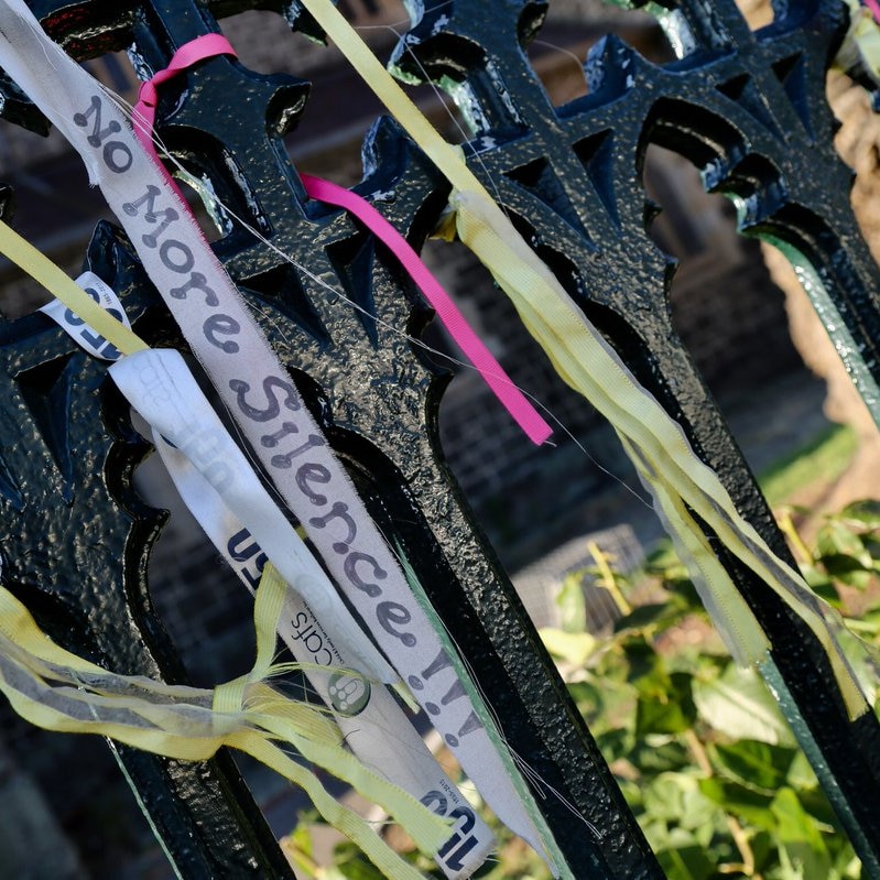 Ribbons outside St Patrick's in Ballarat, tied in support for victims and survivors of sexual abuse.