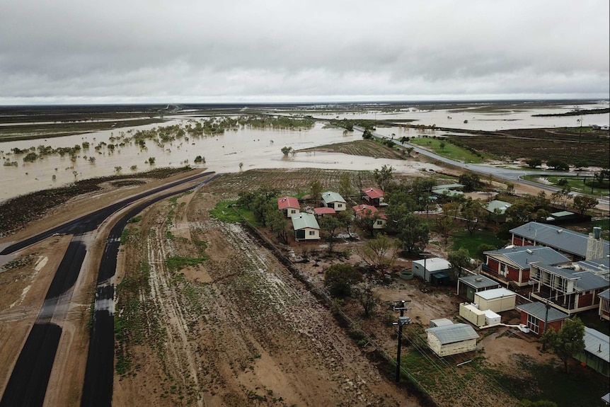 An aerial photo of a flooded outback township.