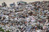 Men in trucks dump rubbish and debris in a huge pile