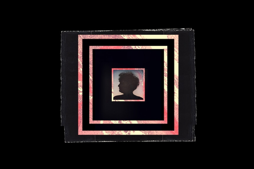 On square black paper, a silhouette of a woman is framed by four pink and white concentric square outlines.