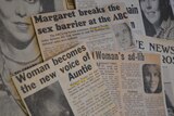 1970s newspaper headlines "Margaret breaks the sex barrier at the ABC", "Woman's ad-lib", "Woman becomes new voice of Auntie".